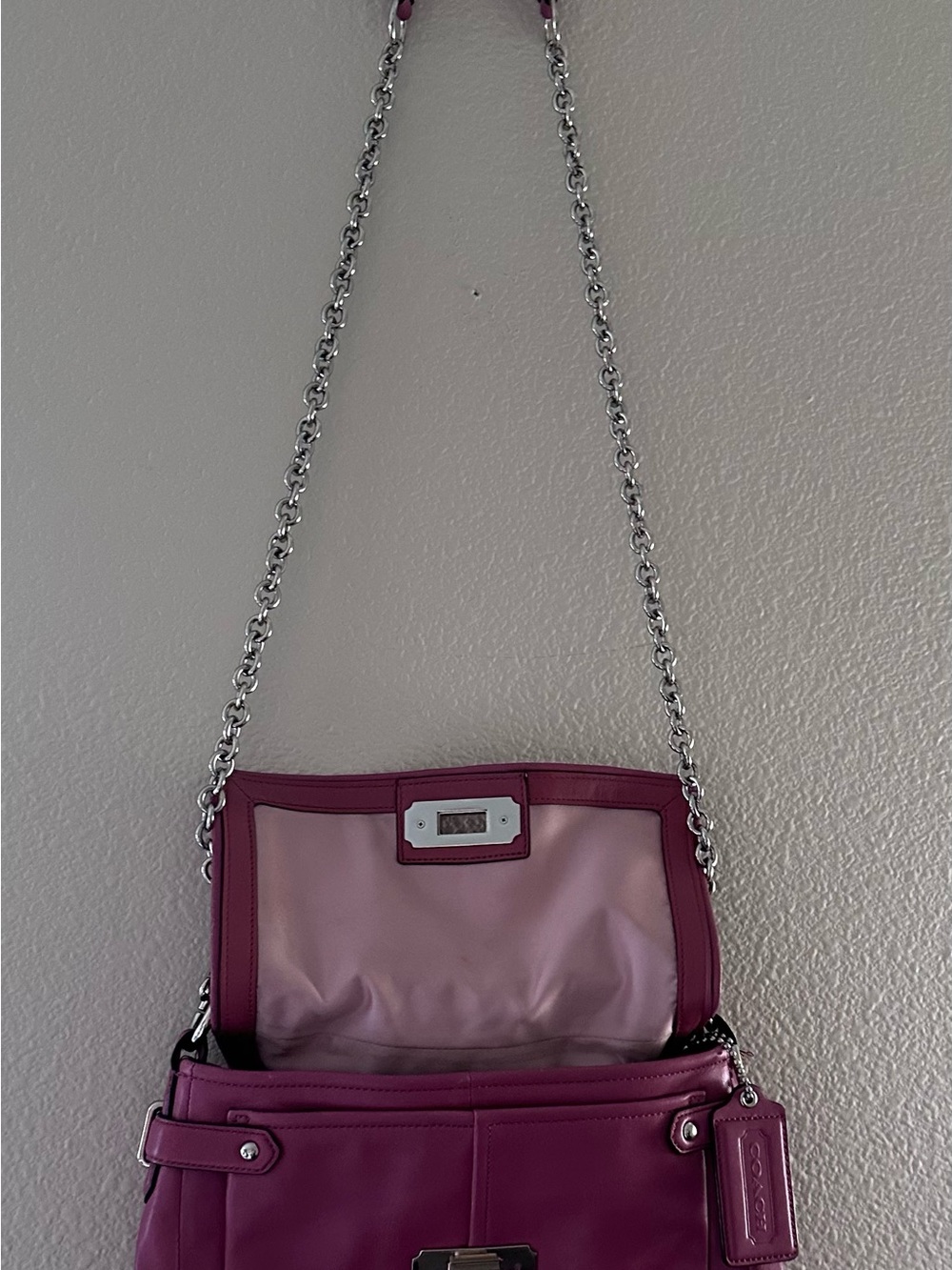 Coach Pink Leather Shoulder Bag with Silver Chain Strap - Picture 14 of 15